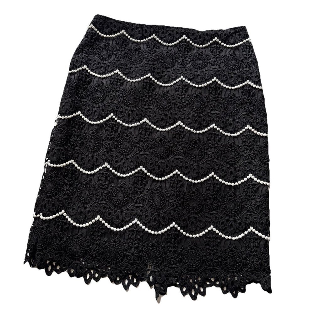 Talbots Black Lace Pencil Skirt with White Bead Detail